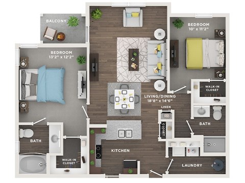 Floor plan for 2 beds, 2 baths, 1054 sqft